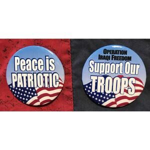 Pinback Buttons Pins Set of 2 Patriotic 1 3/4" Support Troops Peace is Patriotic